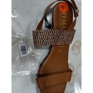 Italian Shoemakers Sandals Slingback Faux Leather Heels Buckle Brown 9.5